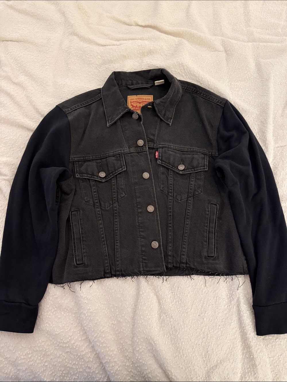 Levi's Black Cropped Denim Trucker Jacket with Knit Sleeves